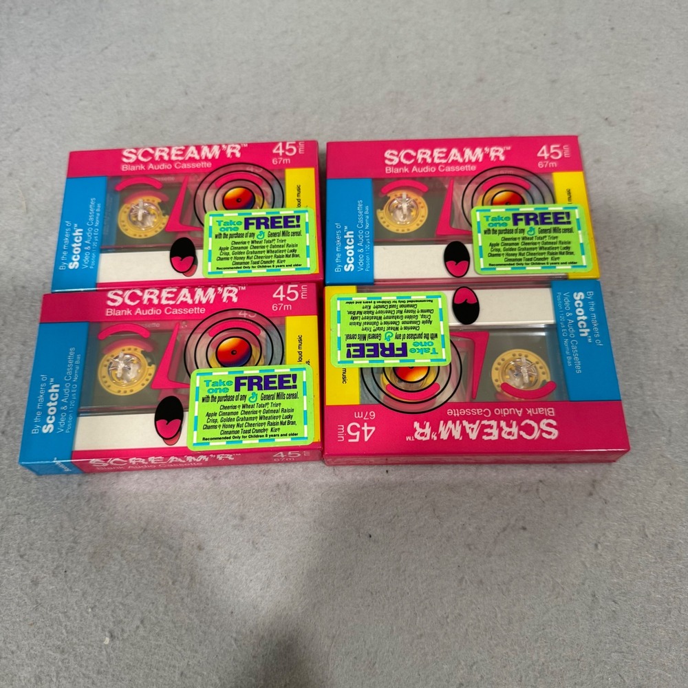 Scotch Scream'r Blank Audio Cassette 4 Pack 45 Min 1990 General Mills Promo NEW